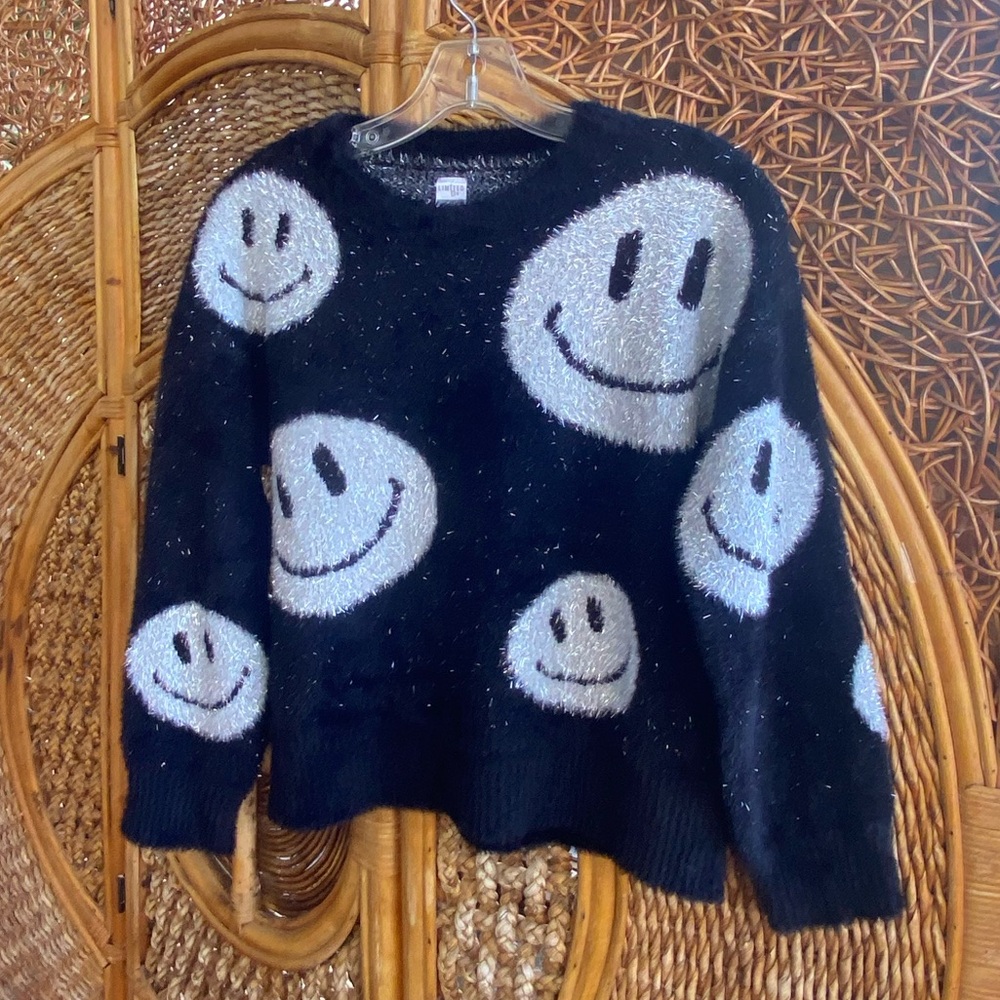 Limited Too Girls Black and White Smiley Face Sweater with Silver Threads